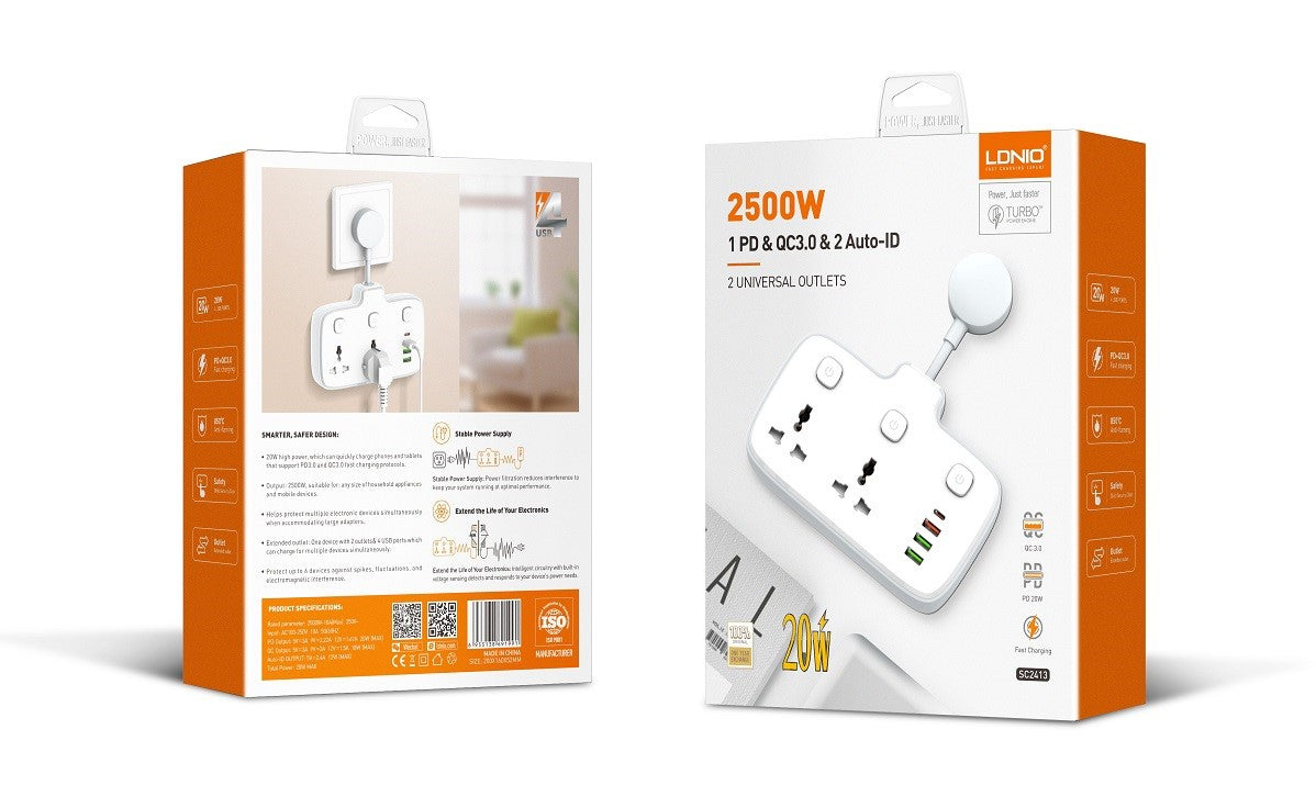 LDNIO SC2413 Universal Outlets Power Strip Tower 2 Outlet Wall Electric Plug PD 20W USB Power Cube Power socket