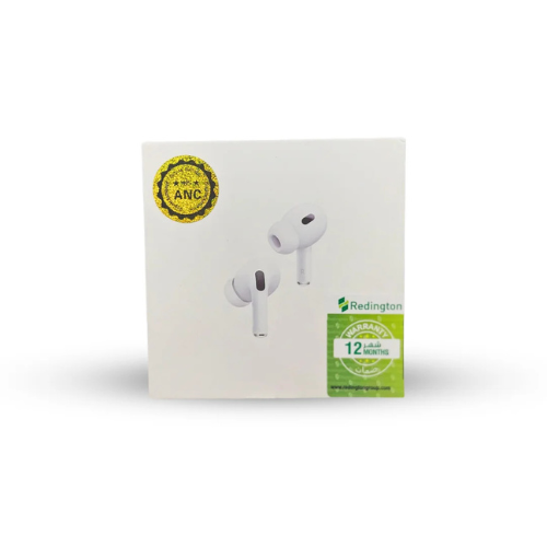 AirPodsPro2 White earbuds in a box with Redington branding on a white background