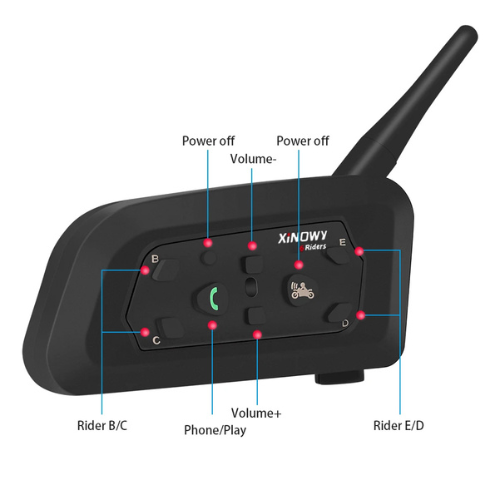 Black Bluetooth intercom with labeled buttons on a white background
